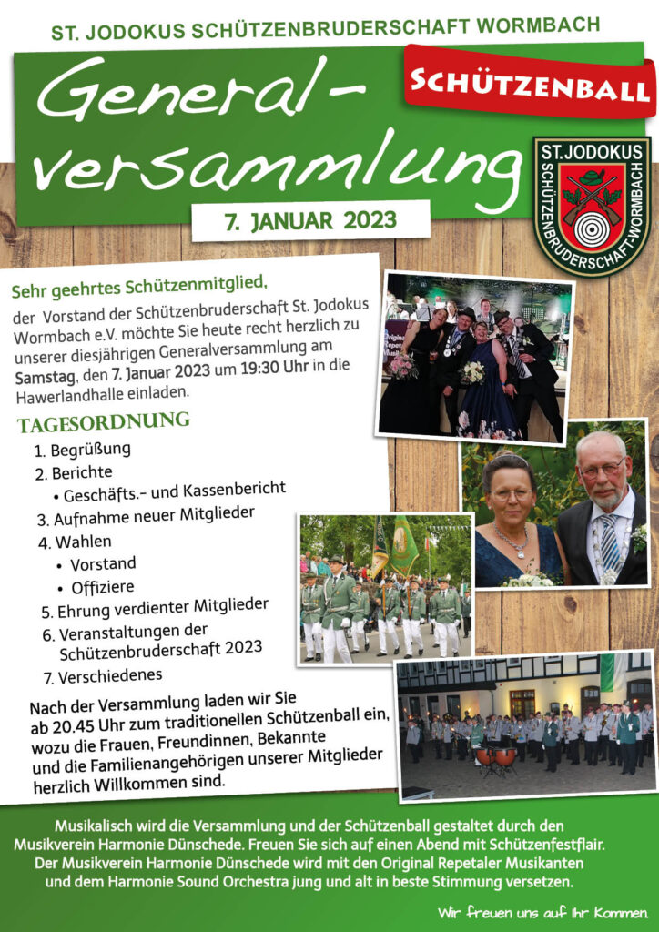 Einladung zur Generalversammlung der St. Jodokus Schützenbruderschaft Wormbach